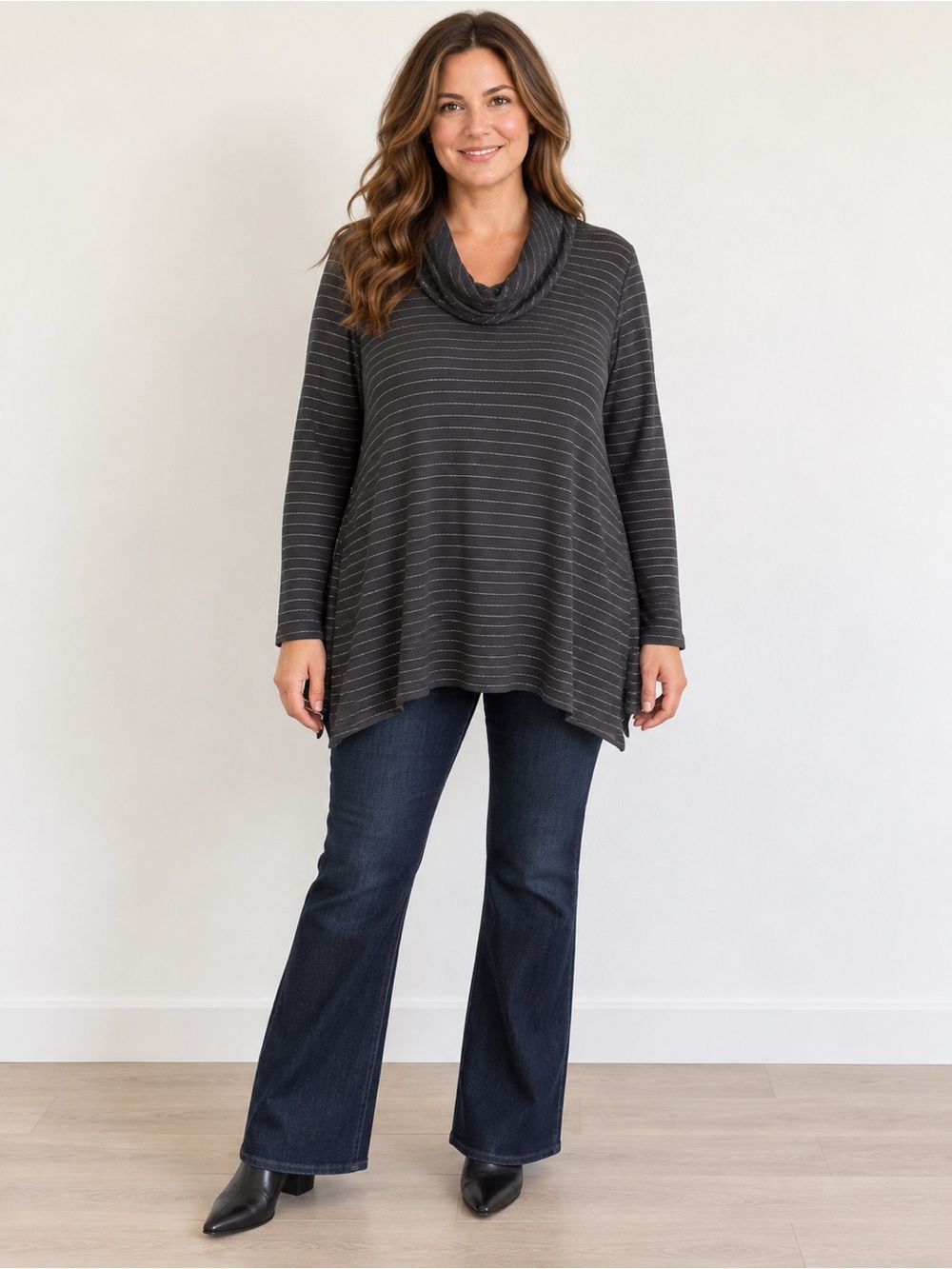 Black Metallic Stripe Cowl Neck Tunic J.Jill Wearever Long Sleeve XL